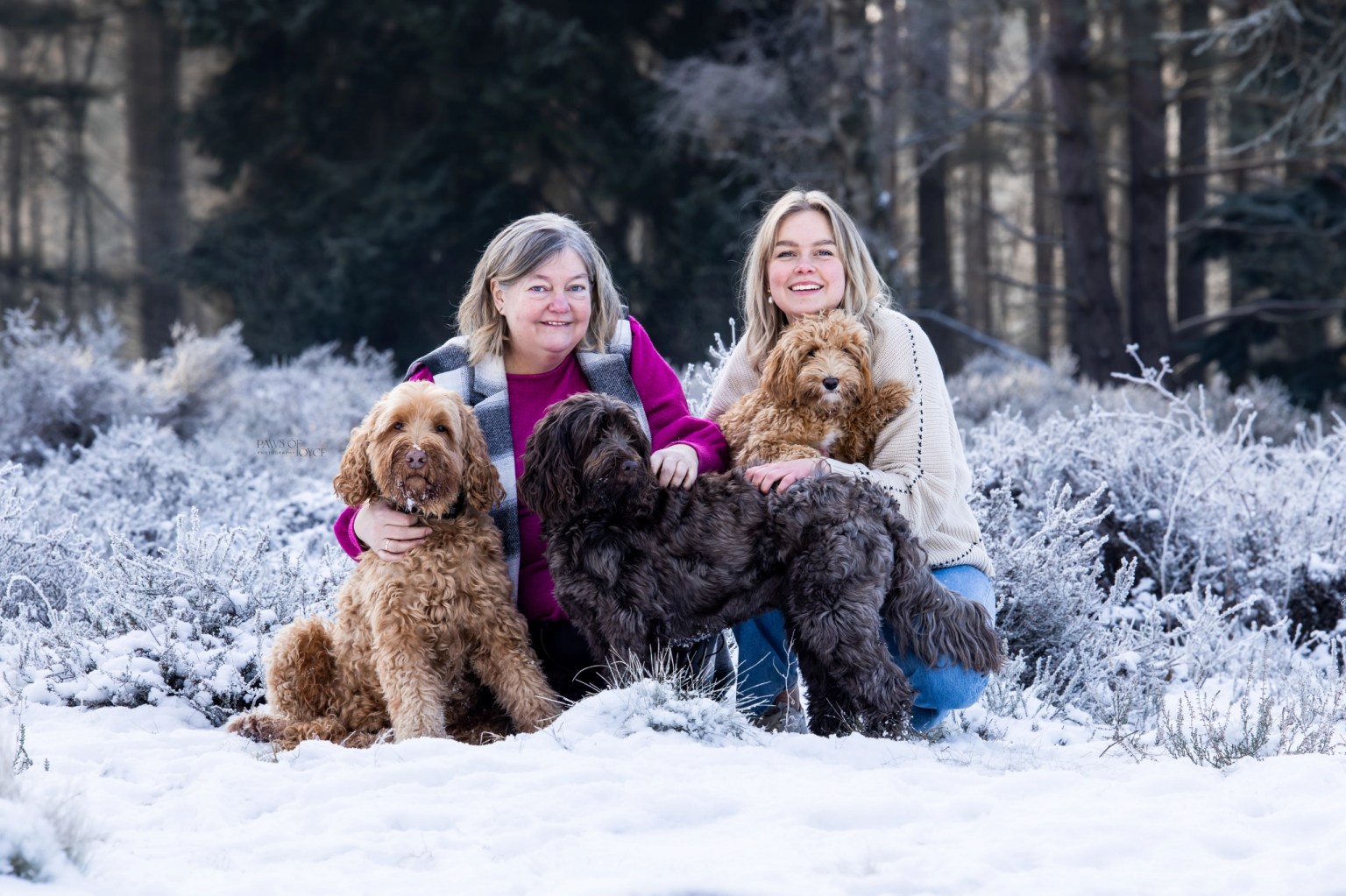 Eigenaars Emmaliedoodles Emma en Alie poseren in de sneeuw met guusje, Rocco en Lola